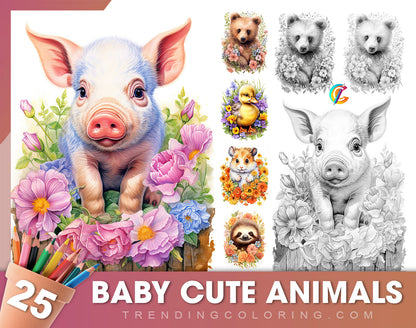 25 Baby Cute Animal Grayscale Coloring Pages - Instant Download - Printable PDF
