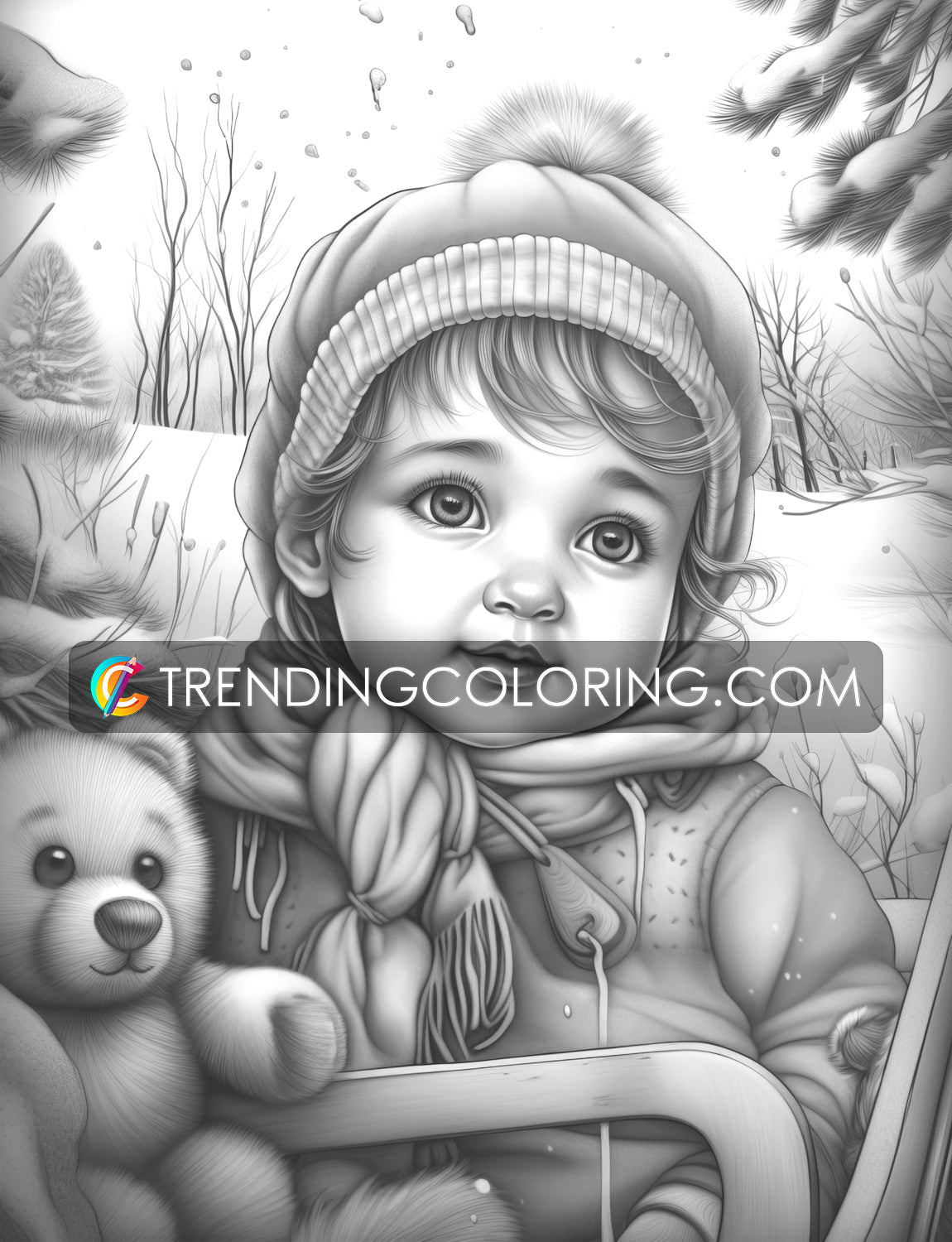 25 Baby Girl Winter Grayscale Coloring Pages - Instant Download - Printable PDF – preview 10