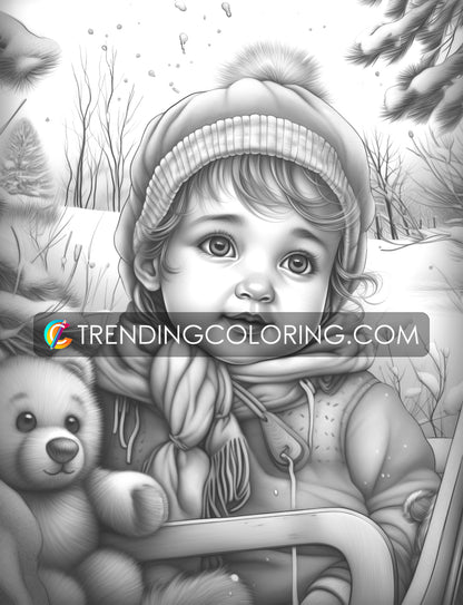 25 Baby Girl Winter Grayscale Coloring Pages - Instant Download - Printable PDF – preview 10