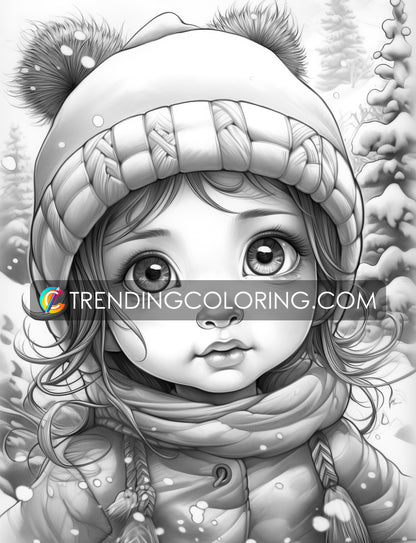 25 Baby Girl Winter Grayscale Coloring Pages - Instant Download - Printable PDF – preview 11
