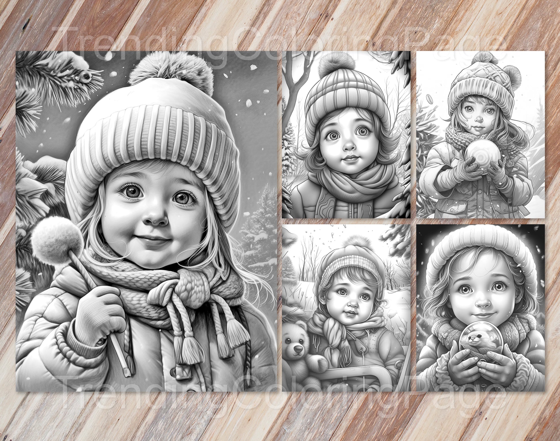 25 Baby Girl Winter Grayscale Coloring Pages - Instant Download - Printable PDF – preview 12