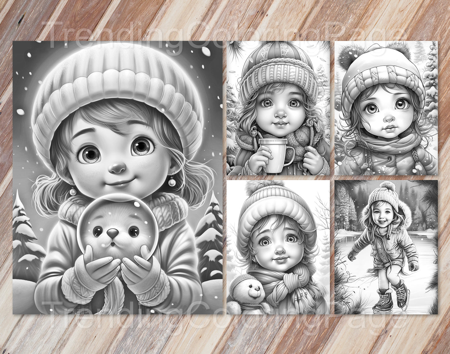 25 Baby Girl Winter Grayscale Coloring Pages - Instant Download - Printable PDF – preview 2