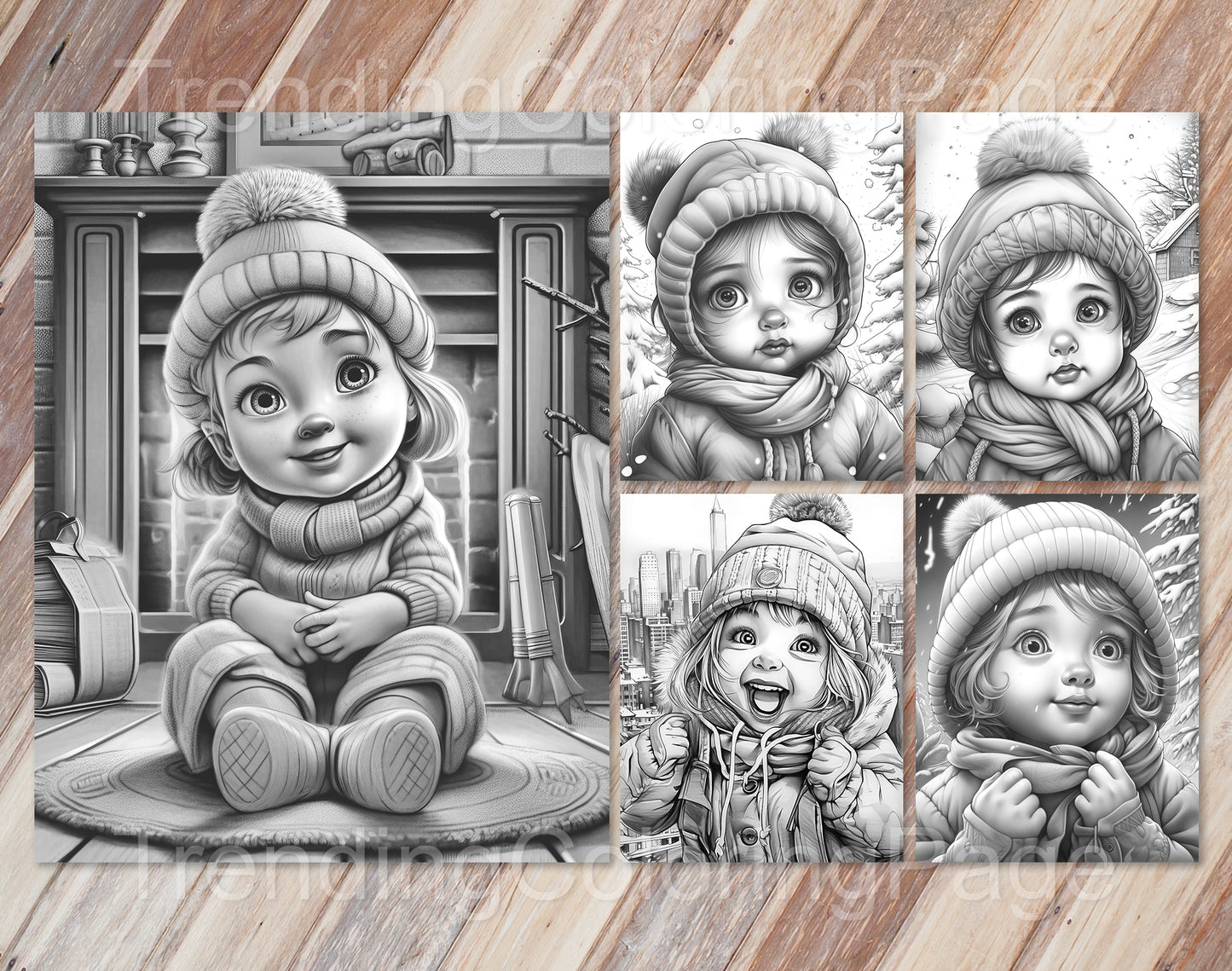 25 Baby Girl Winter Grayscale Coloring Pages - Instant Download - Printable PDF – preview 3