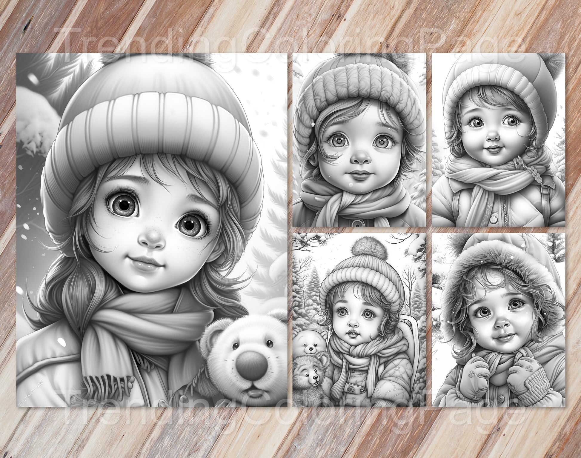 25 Baby Girl Winter Grayscale Coloring Pages - Instant Download - Printable PDF – preview 4