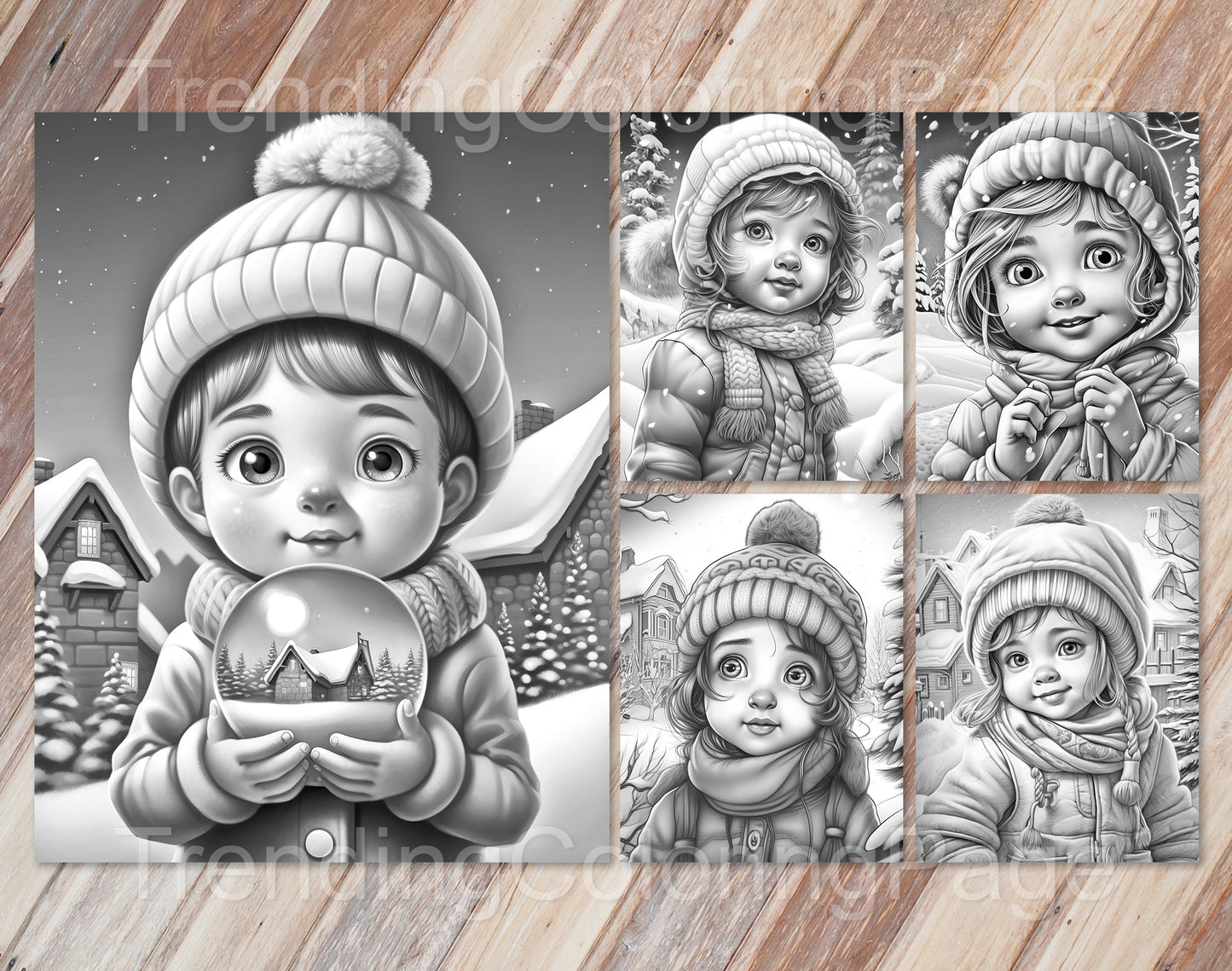 25 Baby Girl Winter Grayscale Coloring Pages - Instant Download - Printable PDF – preview 5