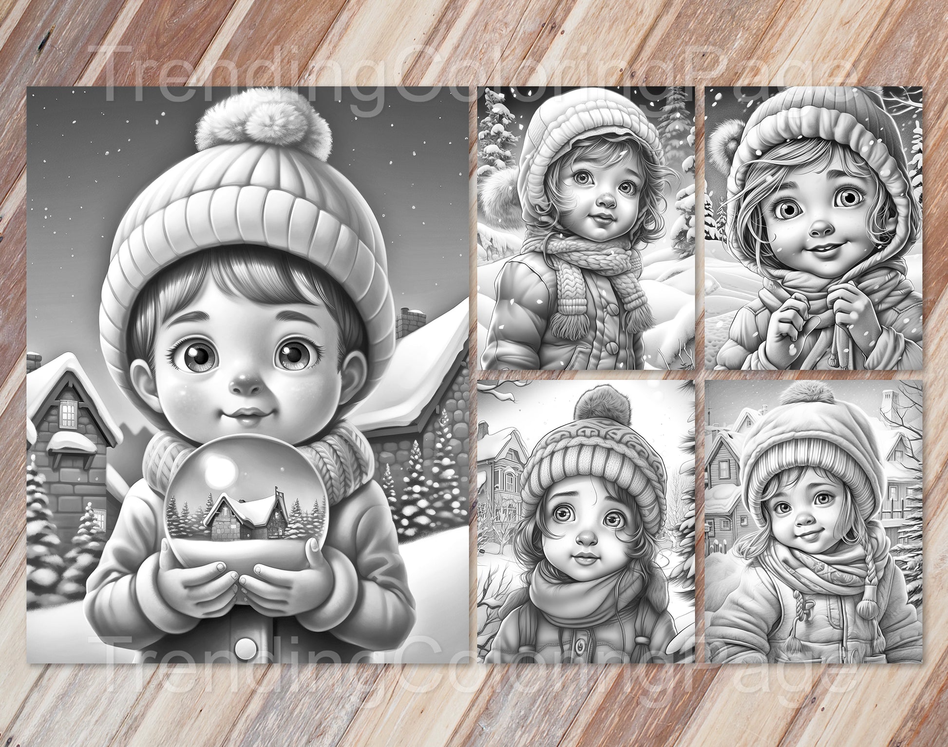 25 Baby Girl Winter Grayscale Coloring Pages - Instant Download - Printable PDF – preview 5