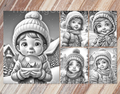 25 Baby Girl Winter Grayscale Coloring Pages - Instant Download - Printable PDF – preview 5