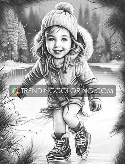 25 Baby Girl Winter Grayscale Coloring Pages - Instant Download - Printable PDF – preview 7