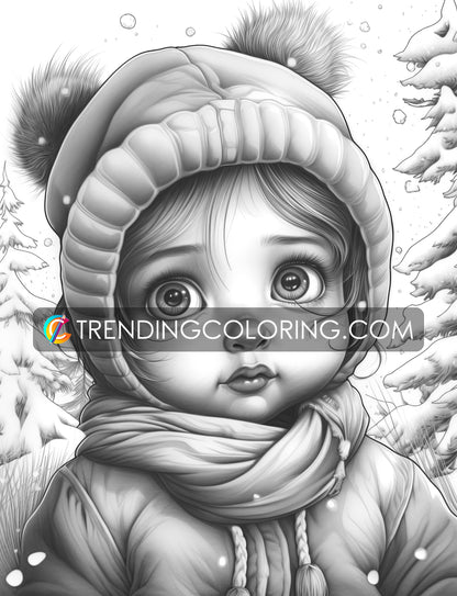 25 Baby Girl Winter Grayscale Coloring Pages - Instant Download - Printable PDF – preview 8