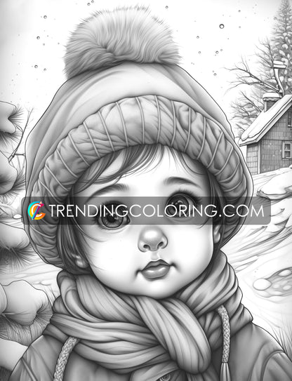 25 Baby Girl Winter Grayscale Coloring Pages - Instant Download - Printable PDF – preview 9