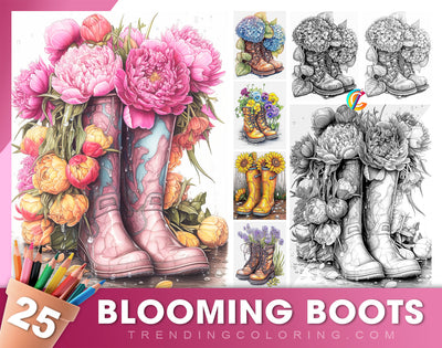 25 Blühende Stiefel Graustufen Ausmalbilder - Sofortiger Download - Druckbare PDF