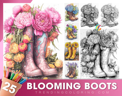 25 Blooming Boots Grayscale Coloring Pages - Instant Download - Printable PDF