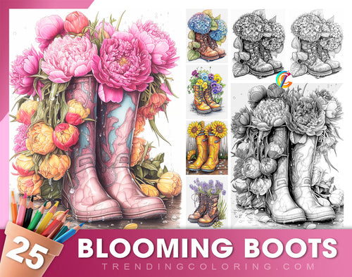 25 Blühende Stiefel Graustufen Ausmalbilder - Sofortiger Download - Druckbare PDF