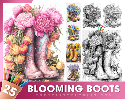 25 Blooming Boots Grayscale Coloring Pages - Instant Download - Printable PDF