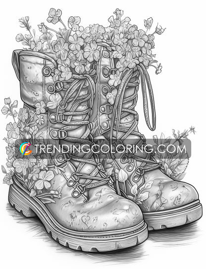 25 Blooming Boots Grayscale Coloring Pages - Instant Download - Printable PDF – preview 10