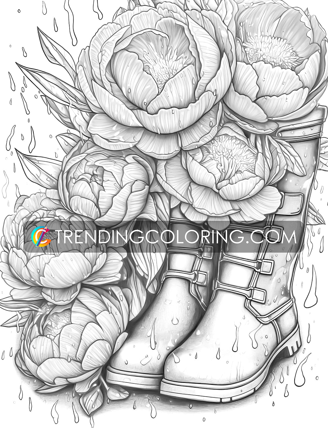 25 Blooming Boots Grayscale Coloring Pages - Instant Download - Printable PDF – preview 11