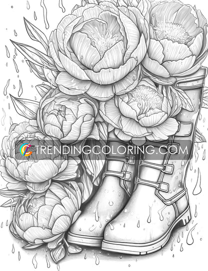 25 Blooming Boots Grayscale Coloring Pages - Instant Download - Printable PDF – preview 11