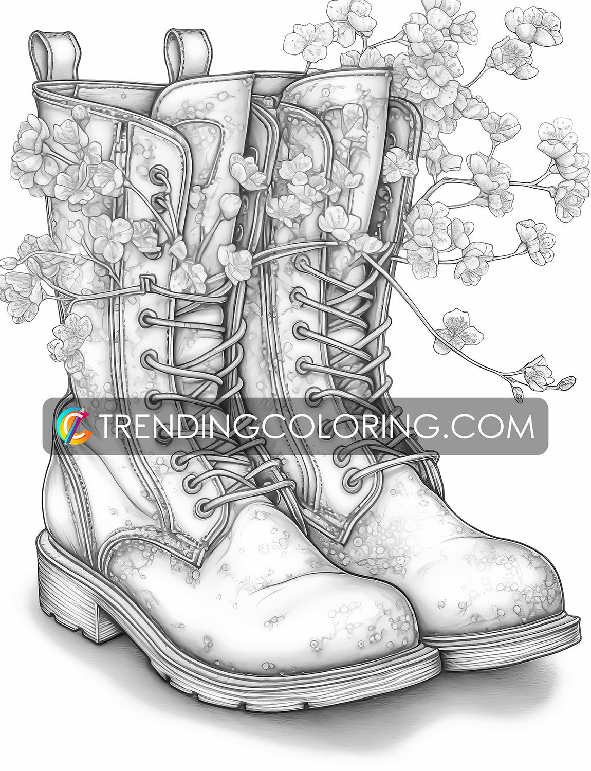 25 Blooming Boots Grayscale Coloring Pages - Instant Download - Printable PDF – preview 13