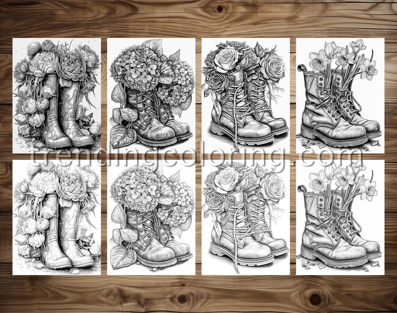 25 Blooming Boots Grayscale Coloring Pages - Instant Download - Printable PDF – preview 3