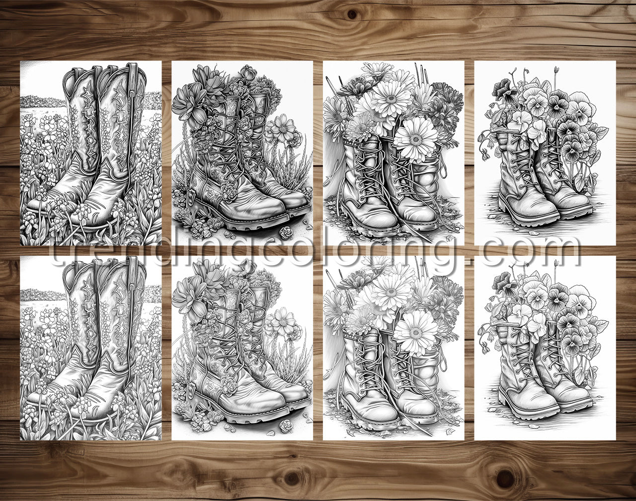 25 Blooming Boots Grayscale Coloring Pages - Instant Download - Printable PDF – preview 4