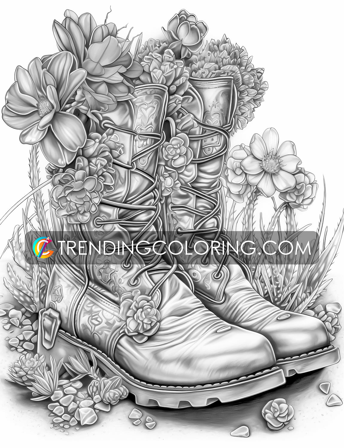 25 Blooming Boots Grayscale Coloring Pages - Instant Download - Printable PDF – preview 8