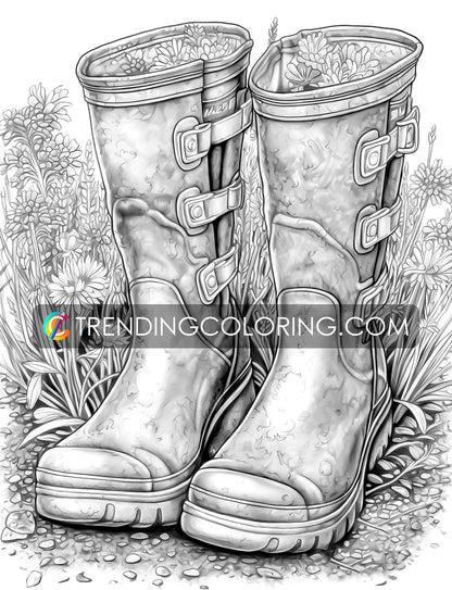 25 Blooming Boots Grayscale Coloring Pages - Instant Download - Printable PDF – preview 9