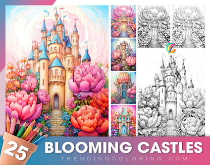 25 Blooming Castles Grayscale Coloring Pages - Instant Download - Printable PDF
