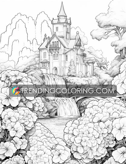 25 Blooming Castles Grayscale Coloring Pages - Instant Download - Printable PDF – preview 10