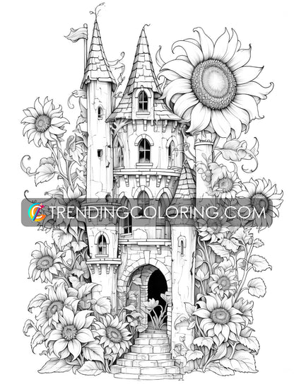 25 Blooming Castles Grayscale Coloring Pages - Instant Download - Printable PDF – preview 11