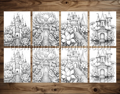 25 Blooming Castles Grayscale Coloring Pages - Instant Download - Printable PDF – preview 3