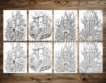 25 Blooming Castles Grayscale Coloring Pages - Instant Download - Printable PDF – preview 4