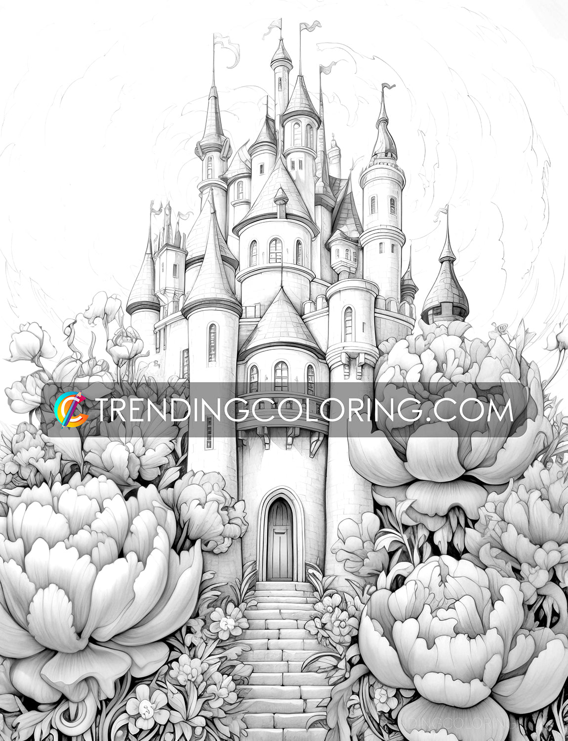25 Blooming Castles Grayscale Coloring Pages - Instant Download - Printable PDF – preview 5
