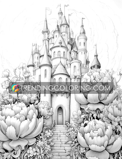 25 Blooming Castles Grayscale Coloring Pages - Instant Download - Printable PDF – preview 5