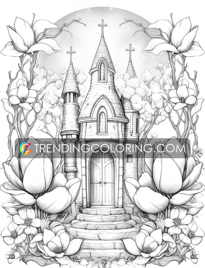 25 Blooming Castles Grayscale Coloring Pages - Instant Download - Printable PDF – preview 6