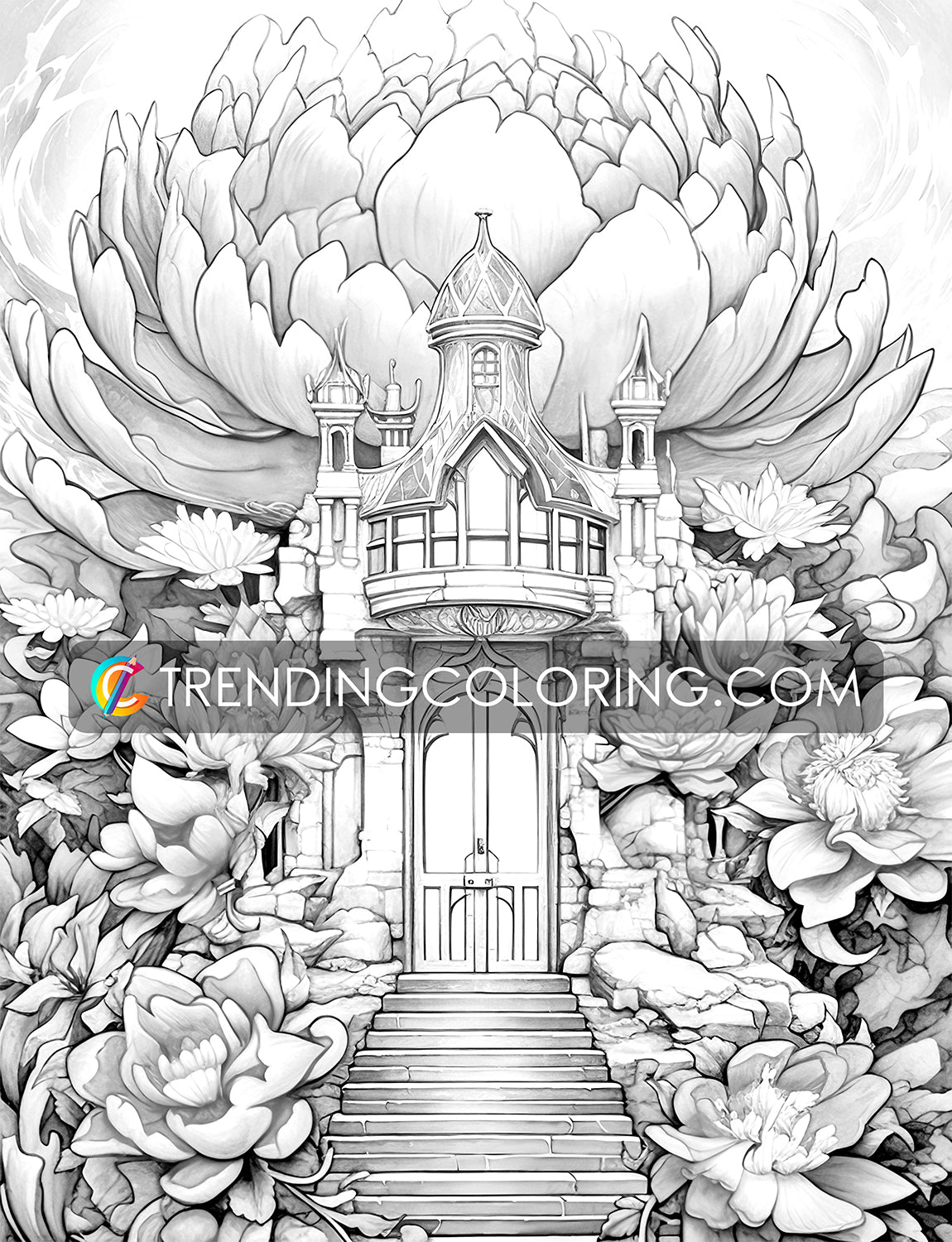25 Blooming Castles Grayscale Coloring Pages - Instant Download - Printable PDF – preview 7