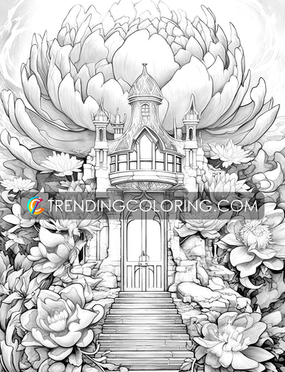 25 Blooming Castles Grayscale Coloring Pages - Instant Download - Printable PDF – preview 7