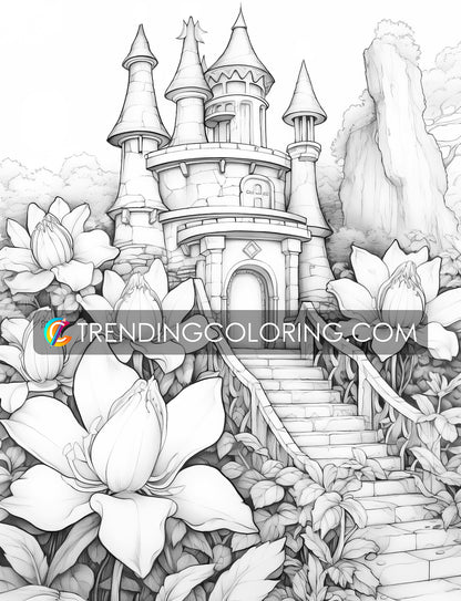 25 Blooming Castles Grayscale Coloring Pages - Instant Download - Printable PDF – preview 8