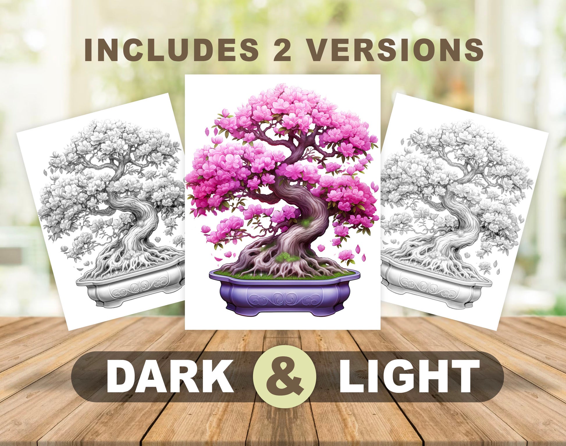 25 Bonsai Tree Grayscale Coloring Pages - Instant Download - Printable PDF Dark/Light – preview 4