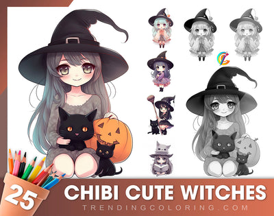 25 Chibi Süße Hexe Graustufen Malvorlagen - Sofortiger Download - Druckbare PDF Dunkel/Hell