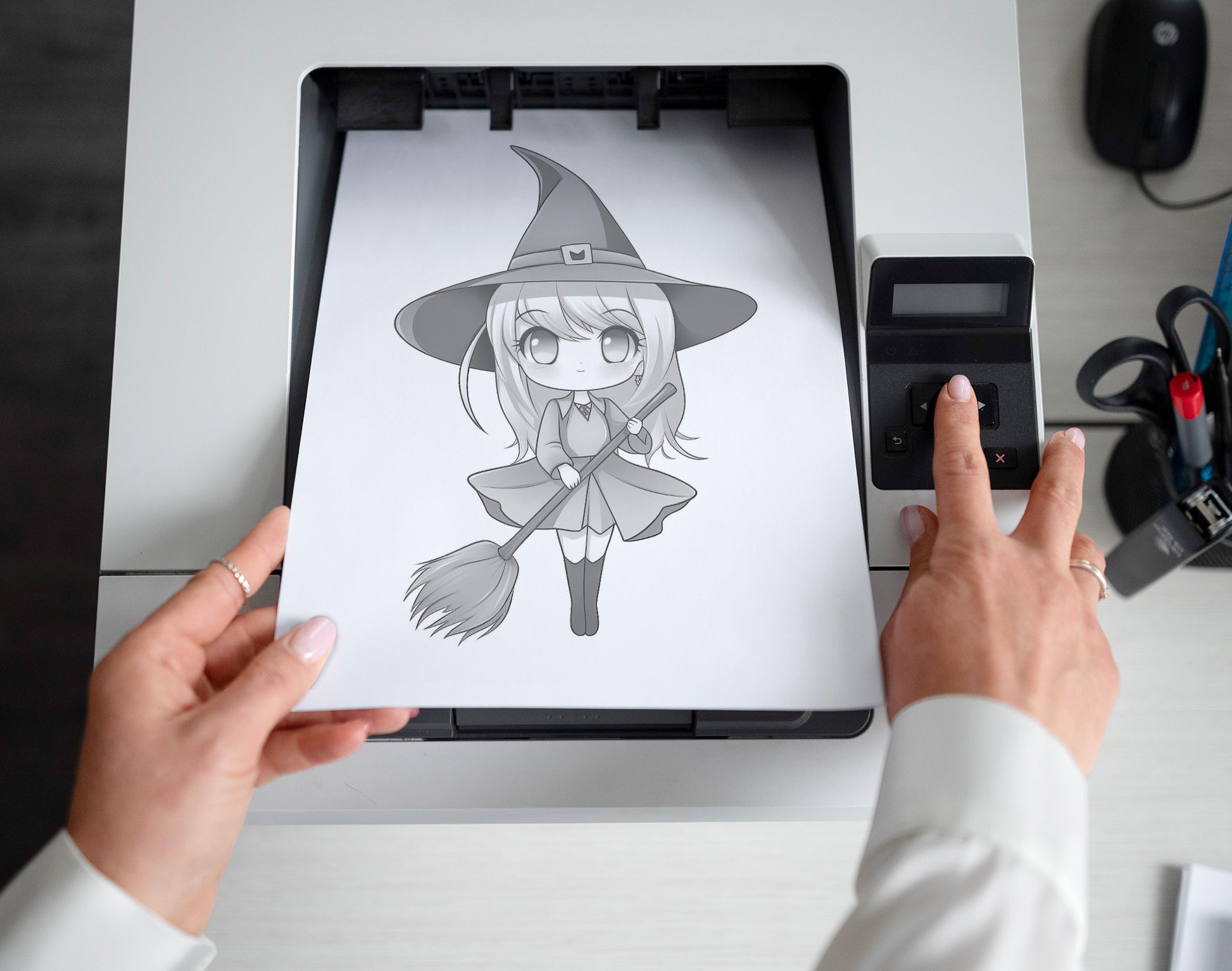 25 Chibi Cute Witch Grayscale Coloring Pages - Instant Download - Printable PDF Dark/Light – preview 2