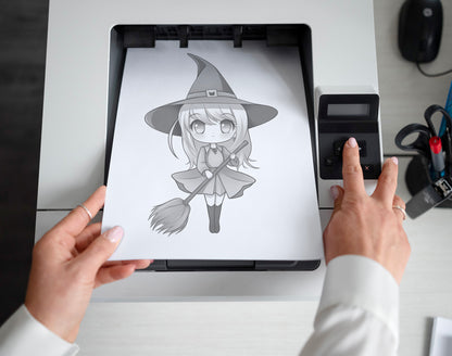 25 Chibi Cute Witch Grayscale Coloring Pages - Instant Download - Printable PDF Dark/Light – preview 2