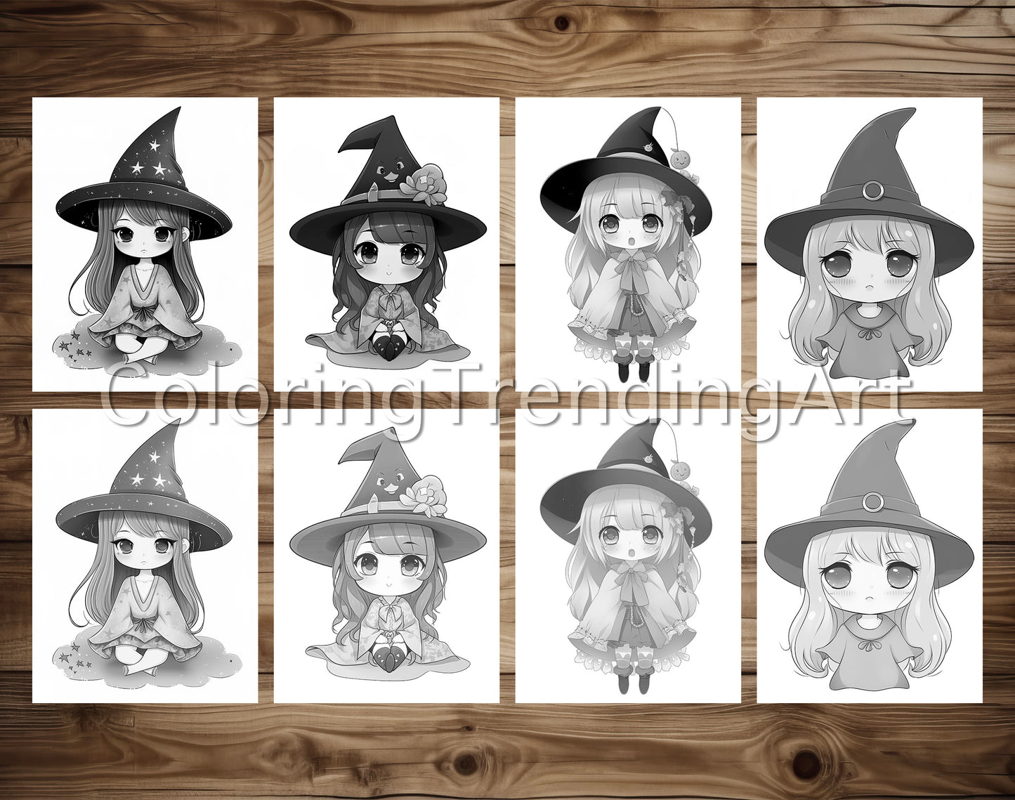 25 Chibi Cute Witch Grayscale Coloring Pages - Instant Download - Printable PDF Dark/Light – preview 3
