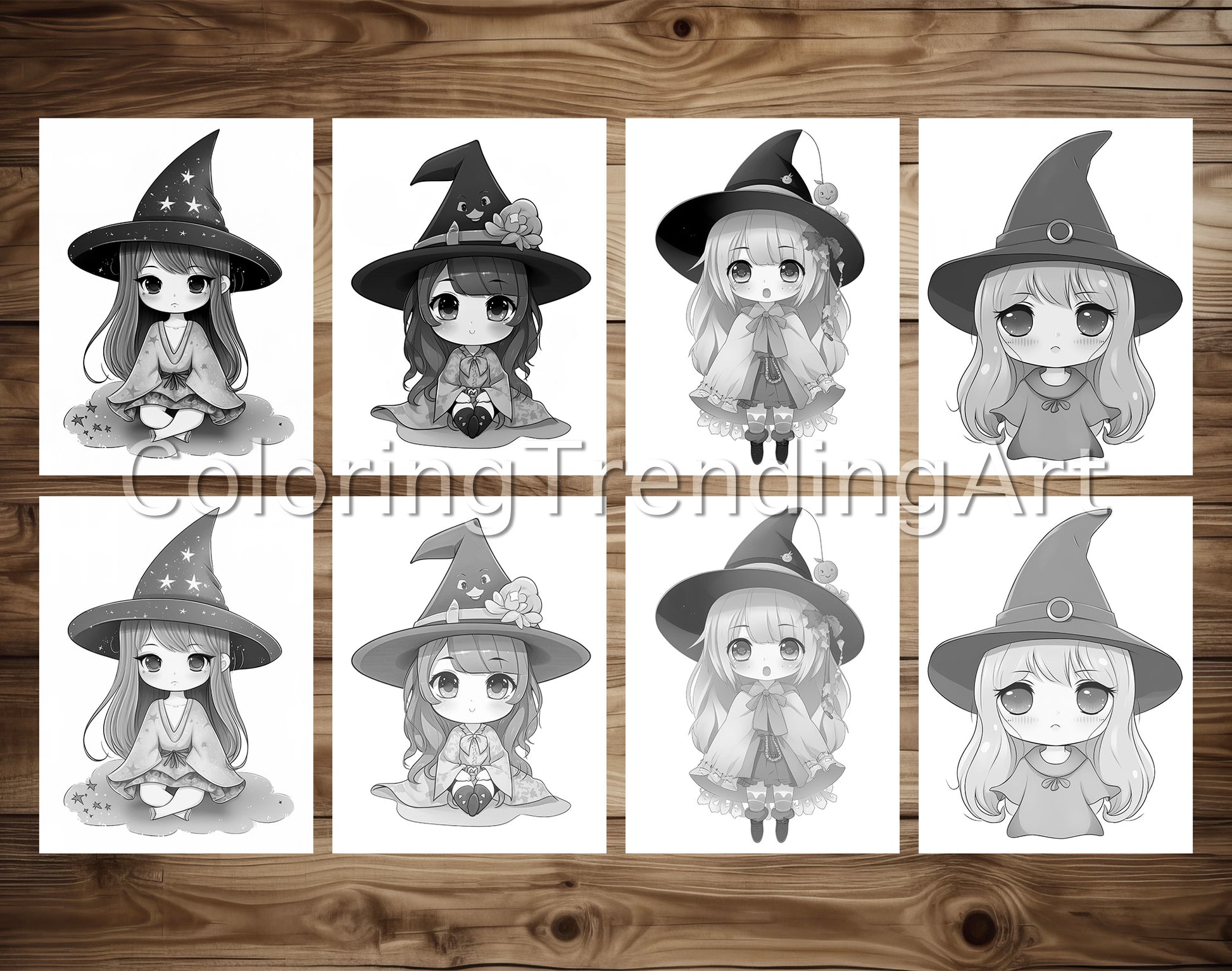 25 Chibi Cute Witch Grayscale Coloring Pages - Instant Download - Printable PDF Dark/Light – preview 3