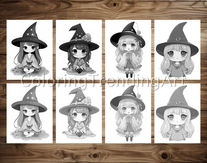 25 Chibi Cute Witch Grayscale Coloring Pages - Instant Download - Printable PDF Dark/Light – preview 3