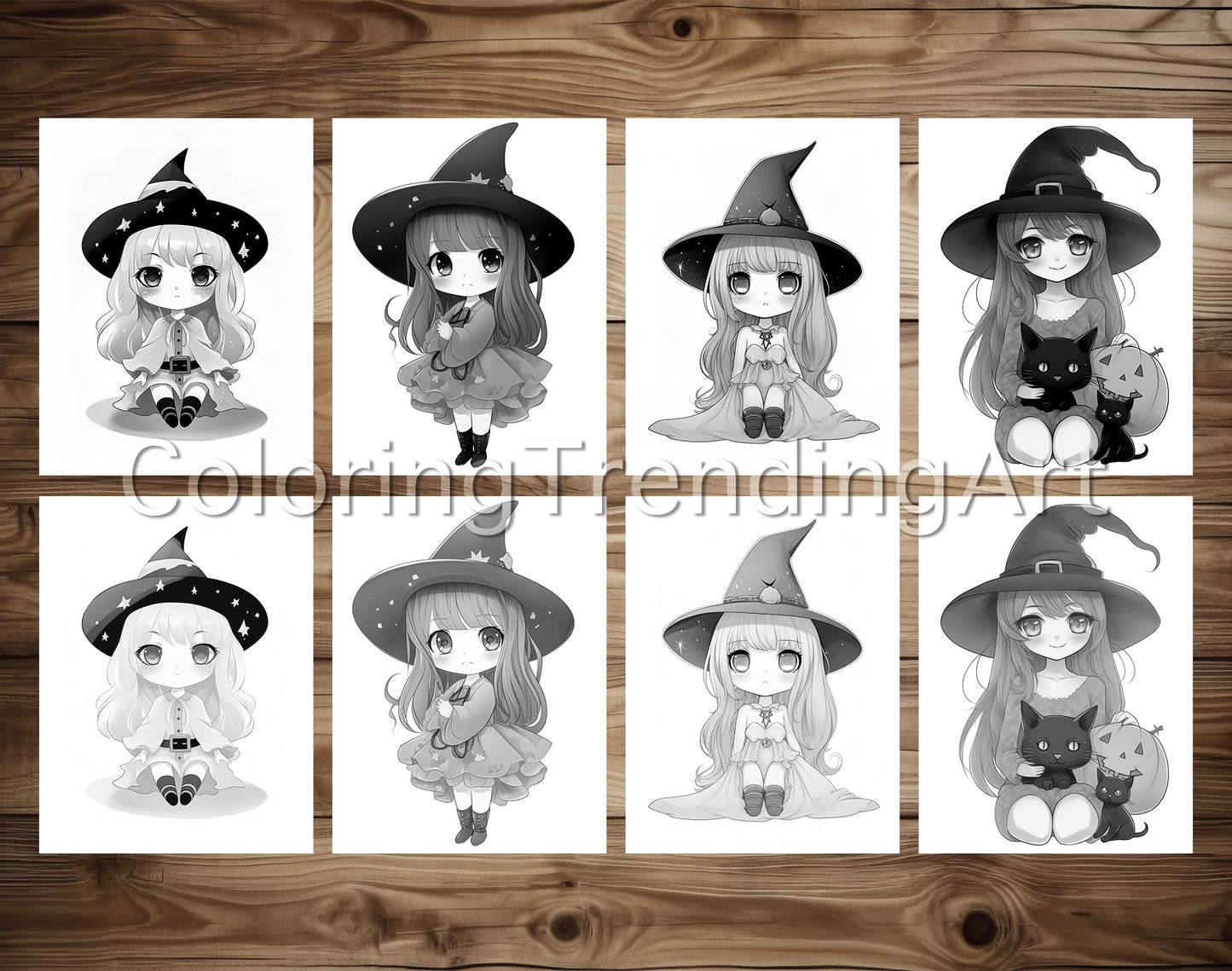 25 Chibi Cute Witch Grayscale Coloring Pages - Instant Download - Printable PDF Dark/Light – preview 4