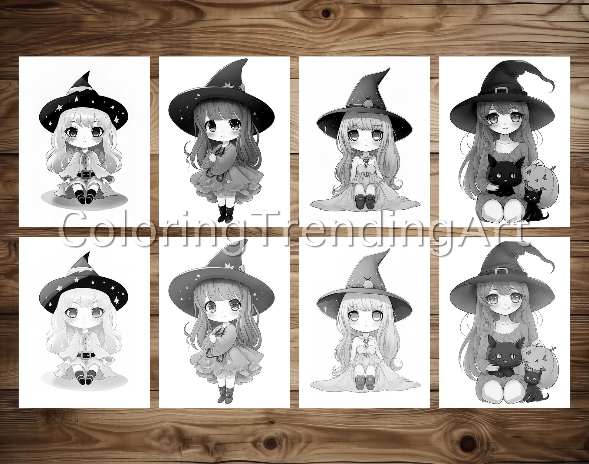25 Chibi Cute Witch Grayscale Coloring Pages - Instant Download - Printable PDF Dark/Light – preview 4