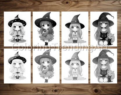 25 Chibi Cute Witch Grayscale Coloring Pages - Instant Download - Printable PDF Dark/Light – preview 4