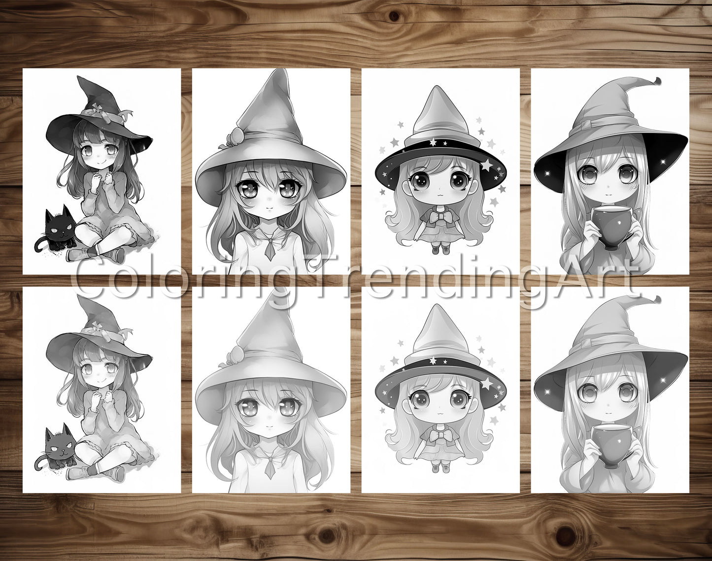 25 Chibi Cute Witch Grayscale Coloring Pages - Instant Download - Printable PDF Dark/Light – preview 5