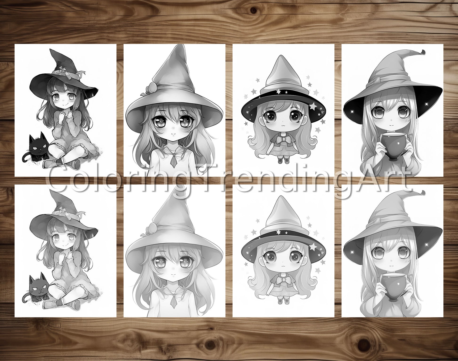 25 Chibi Cute Witch Grayscale Coloring Pages - Instant Download - Printable PDF Dark/Light – preview 5
