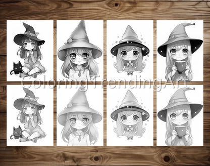 25 Chibi Cute Witch Grayscale Coloring Pages - Instant Download - Printable PDF Dark/Light – preview 5